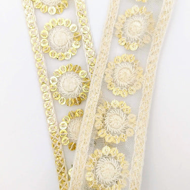 Nine Yards White Net Lace Trim Floral Embroidered With Gold Sequins, Sequinned Trim, Wedding Trim Bridal Trim
